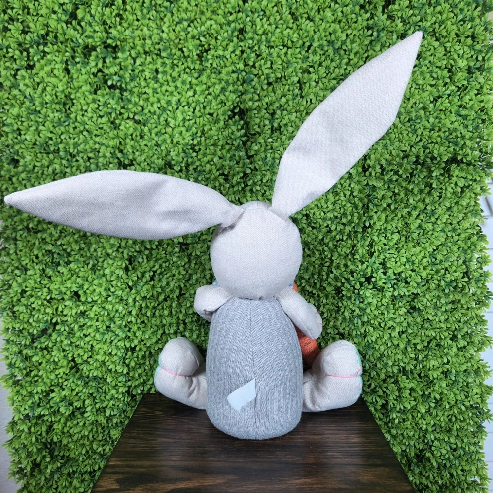 Grey Fabric Easter Bunny Figurine Weighted Shelf Sitter with Carrot and Bow Tie